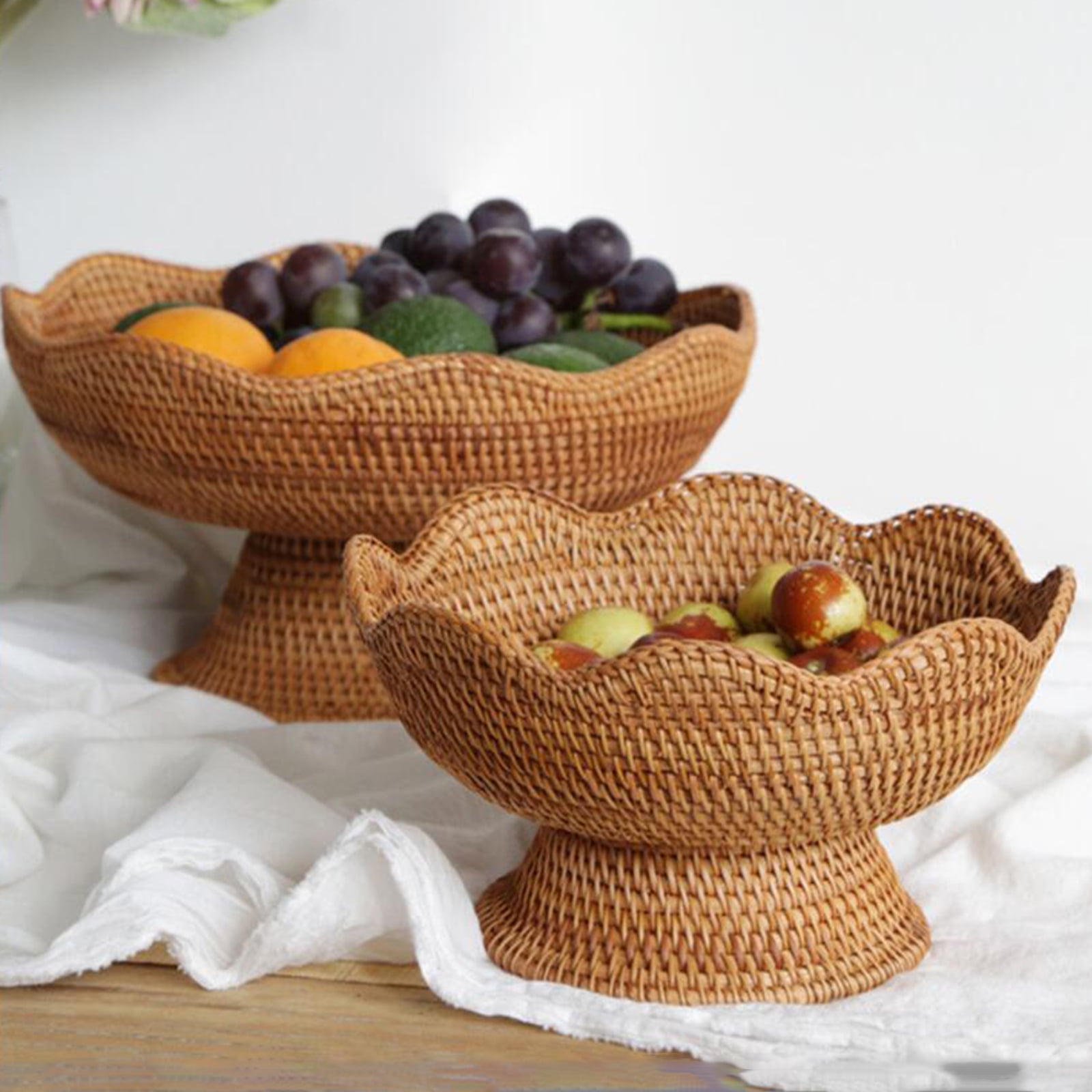 Woven Fruit Basket, Footed Fruit Basket, Table Centerpiece, Rattan Fruit Bowl, Food Snack Serving Basket for Makeup, Countertop Sundries Bathroom small