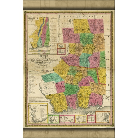 24"x36" Gallery Poster, Map of New London & Windham co. Connecticut 1833