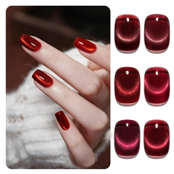 Juego de esmaltes de uñas GAOY Jelly Red Glitter Cat Eye Gel con imán