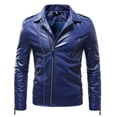 thumbnail image 2 of Herrnalise Men's Autumn Winter Long-sleeved Leather Motorcycle Jacket Zipper Coat Long Sleeve Hoodless Faux Leather Outwear & Jackets Blue, 2 of 4