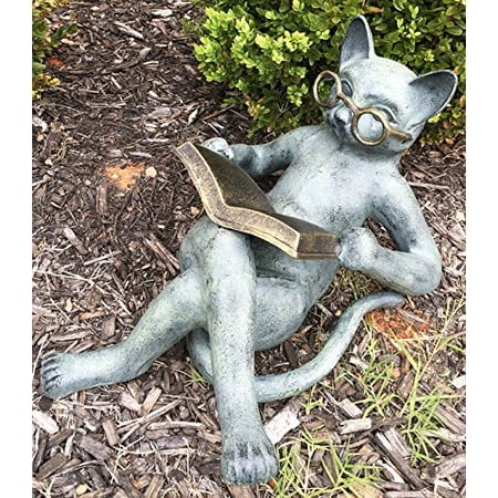 Garden Ornaments And Statues Outdoor Garden Patio Bookworm Feline Cat With Glasses Reading Book Tanning Under The Sun Statue Lawn Ornament Decor ()