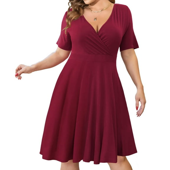 Tejiojio Summer Dresses for Women Womens Casual Plus Size V-Neck Solid Short Sleeve Boho Dress Swing Dress With Pockets