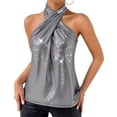 thumbnail image 3 of Laqbezok Chic Halter Criss Cross Sequin Tank Top, Women's Sparkly Sleeveless Party Camisole, Shiny Night Out Outfit, 3 of 8