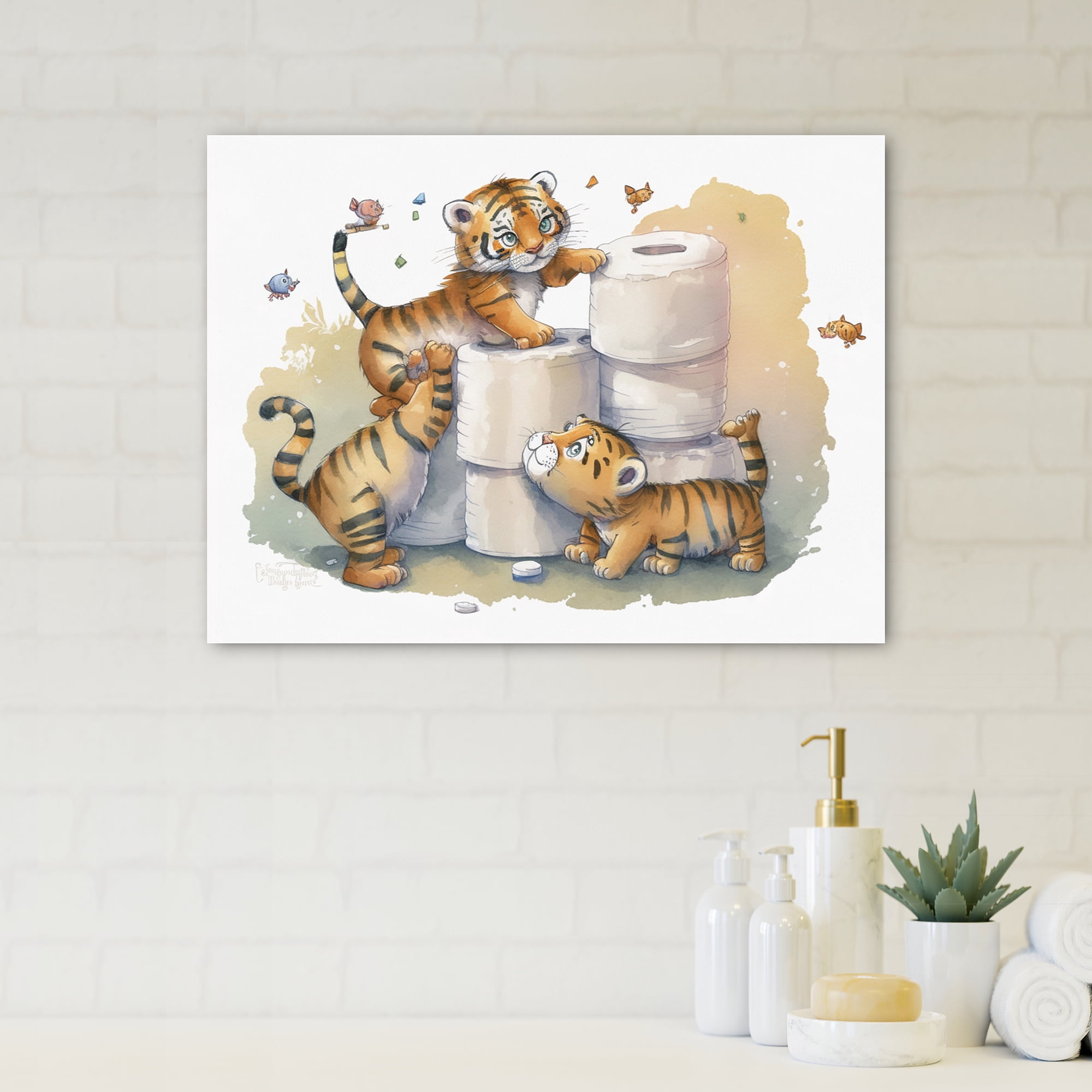 Designart Tigers Building A Tower Of Toilet Paper Canvas Wall Art