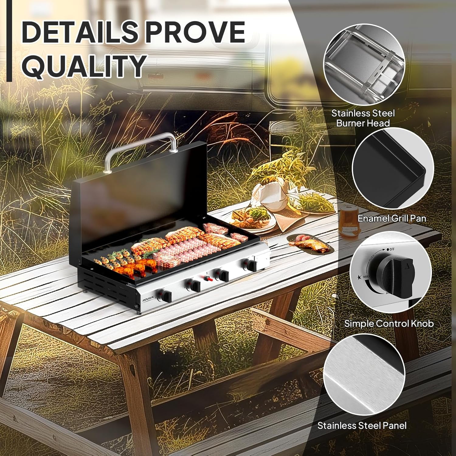 TUFFIOM 4 Burner Portable Propane Griddle with Enameled Tray & Lid, 40000 BTU Rolling Flat Top Gas Grill with Electronic Ignition & Regulator for Outdoor Cooking Camping BBQ Tailgating