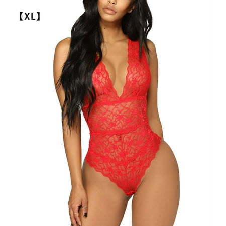 

Women Enchanting Lingerie Lace Mesh Design Deep V-neck Underwear Jumpsuit Bodysuit