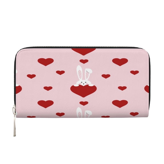 Leather Zipper Pocket Hand Wallet For Women And Men Travel Leather Purse Large Capacity Credit Card Holder Red Hearts White