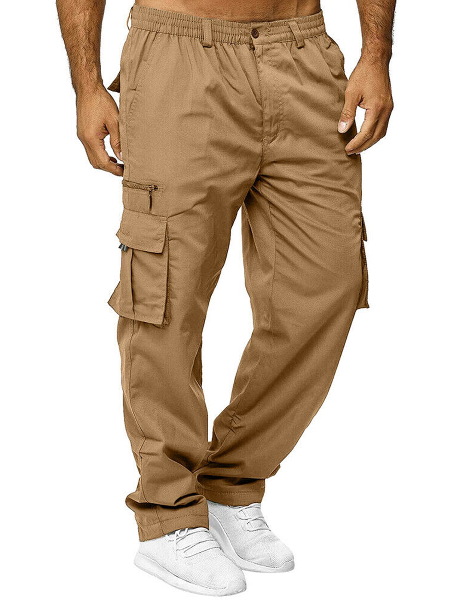 Mens Elasticated Zip Cargo Combat lightweight Cotton Work Trousers Bottoms Pants 