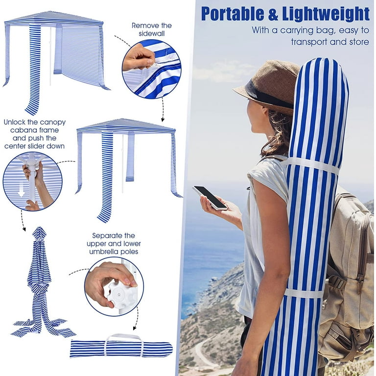 6.7 x6.8 Foldable Beach Cabana Easy Set up Portable Beach Tent with Carry Bag Detachable Side Wall 4 Sandbags Wind Vent Sun Protection Outdoor Beach Umbrella Shelter for Family Walmart