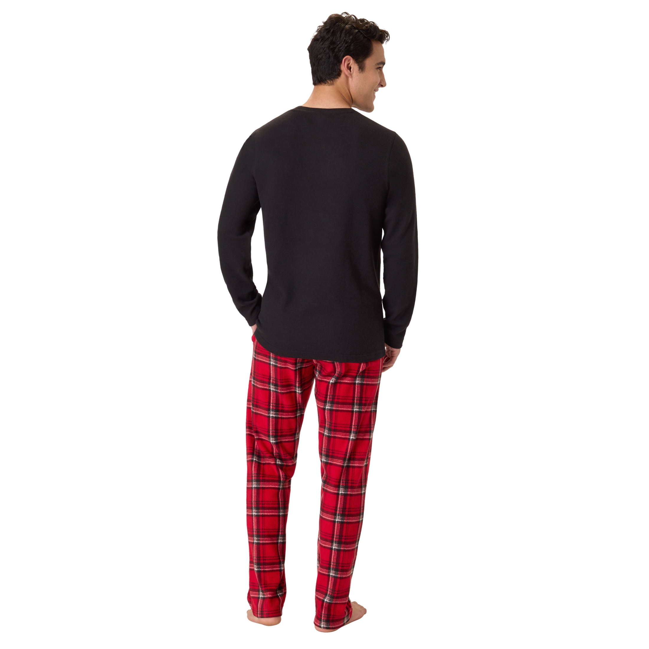 Hanes Men's Micro Fleece Sleep Set, Thermal Top with Plaid Printed Pants, Black & Red