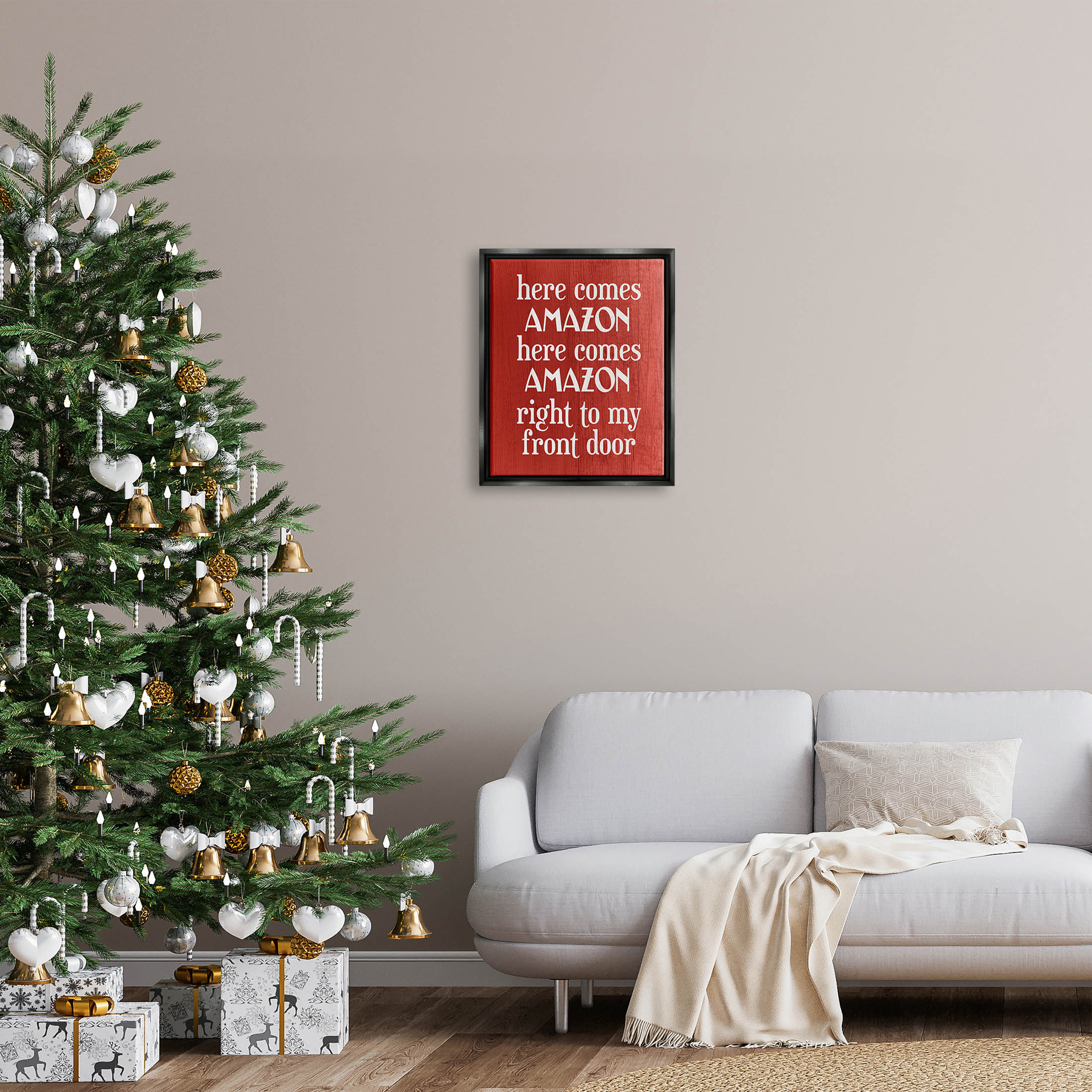 Stupell Industries Here Comes Amazon Funny Song Graphic Art Jet Black Floating Framed Canvas Print Wall Art, Design by Lil' Rue