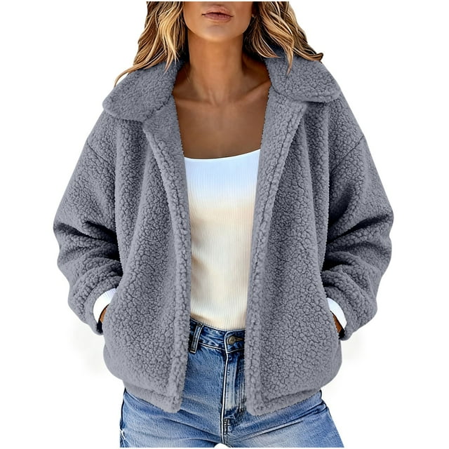 Manteaux d'Hiver pour Femmes, Veste en Molleton Double Face à Col à Revers à Manches Longues, Coupe Régulière, Couleur Unie, avec Poches, Manteaux Longs pour Femmes