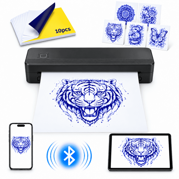 Portable Thermal Printer,Wireless Tattoo Stencil Printer Machine with A4 Paper for Phone Laptops, Inkless for Home Office Travel(10 Tattoo Paper)