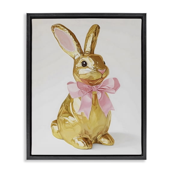 Stupell Industries Golden Easter Bunny with Ribbon Black Framed Floater Canvas Wall Art, design by The Prints Vibe