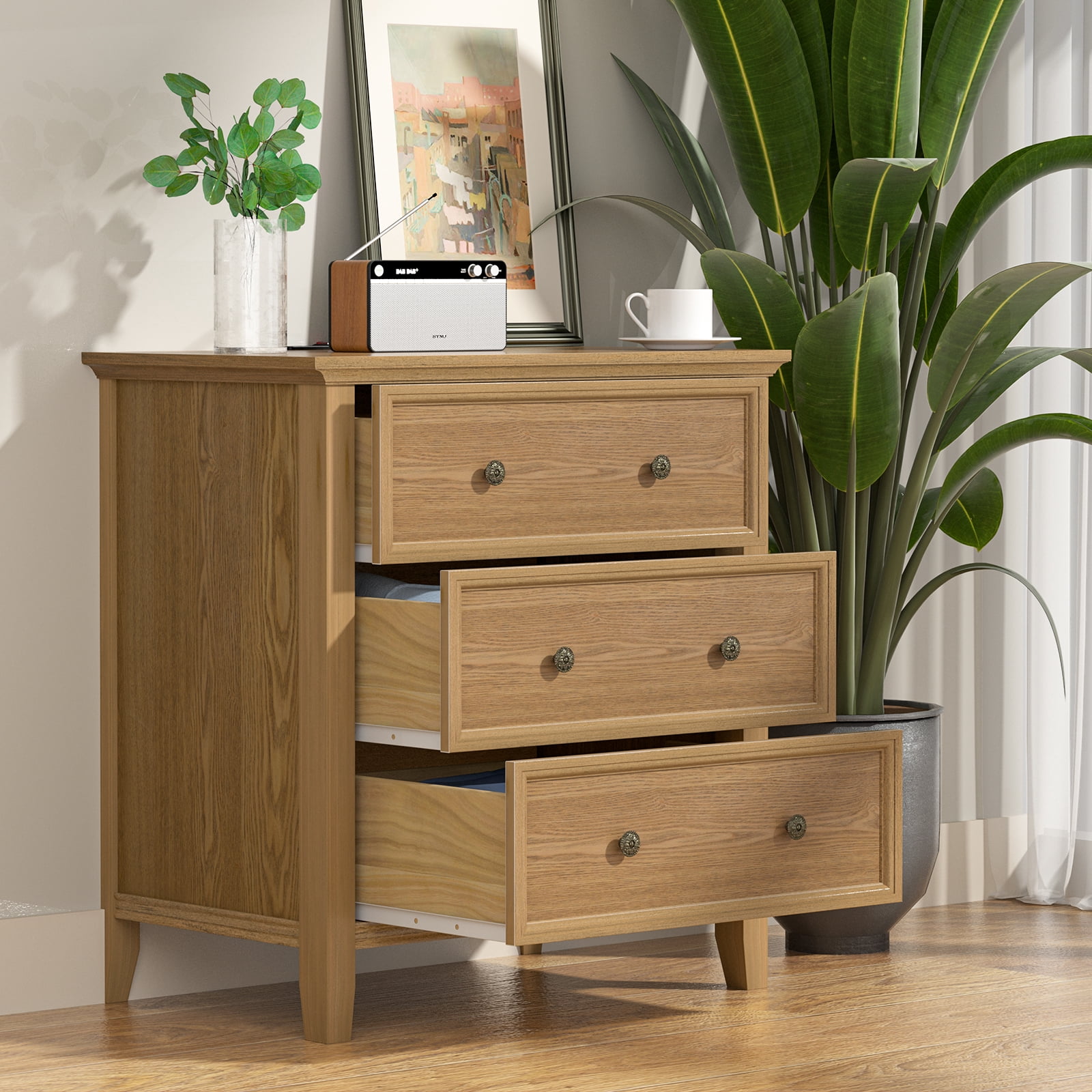 Gacfiew Solid Wood Nightstand with 3 Drawers and Power Outlet, Tall Bedside Cabinet 16.8" D x 27.6" W x 26.8" H, Single Unit for Bedroom, Teak