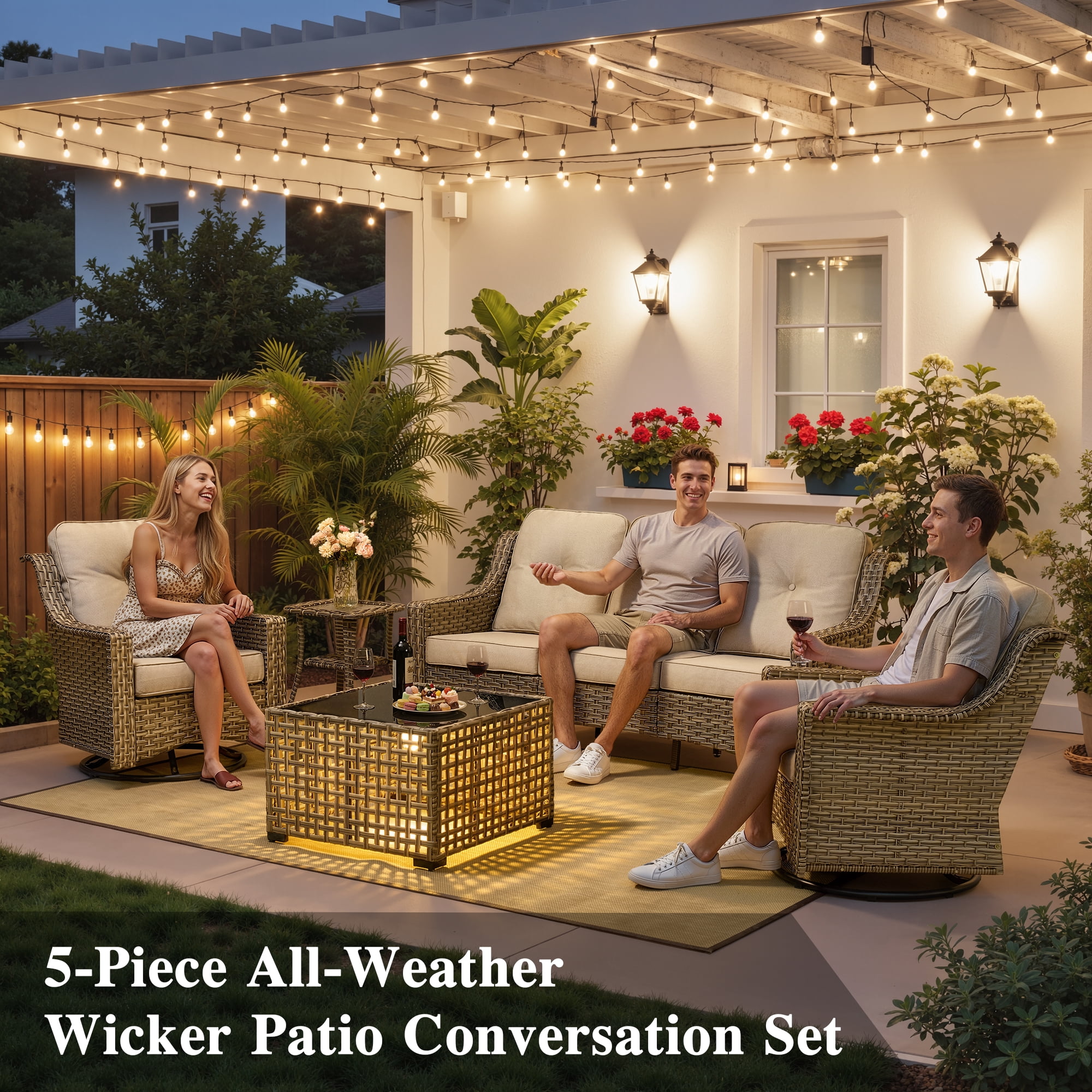 Ovios 5 Pieces Outdoor Patio Furniture Set High-Back Rattan Wicker Conversation Set Outdoor Sectional with Swivel Chairs & Solar Light Coffee Table, Beige