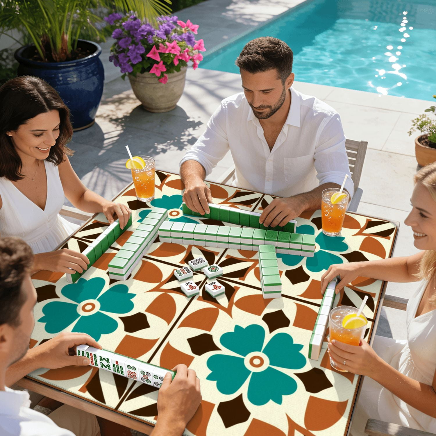 Mahjong Mat 31.5" x 31.5" Retro Floral Geometric Teal Brown Accents Non-Slip Noise Reduction American Mahjong Tiles Table Cover for Dominoes Poker Card Board Games Gift