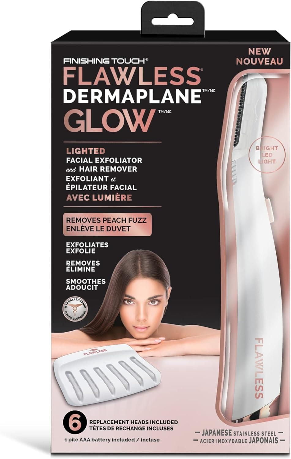 Finishing Touch Flawless Épilateur et exfoliant Dermaplane Glow 1 appareil 6 lames rechange
