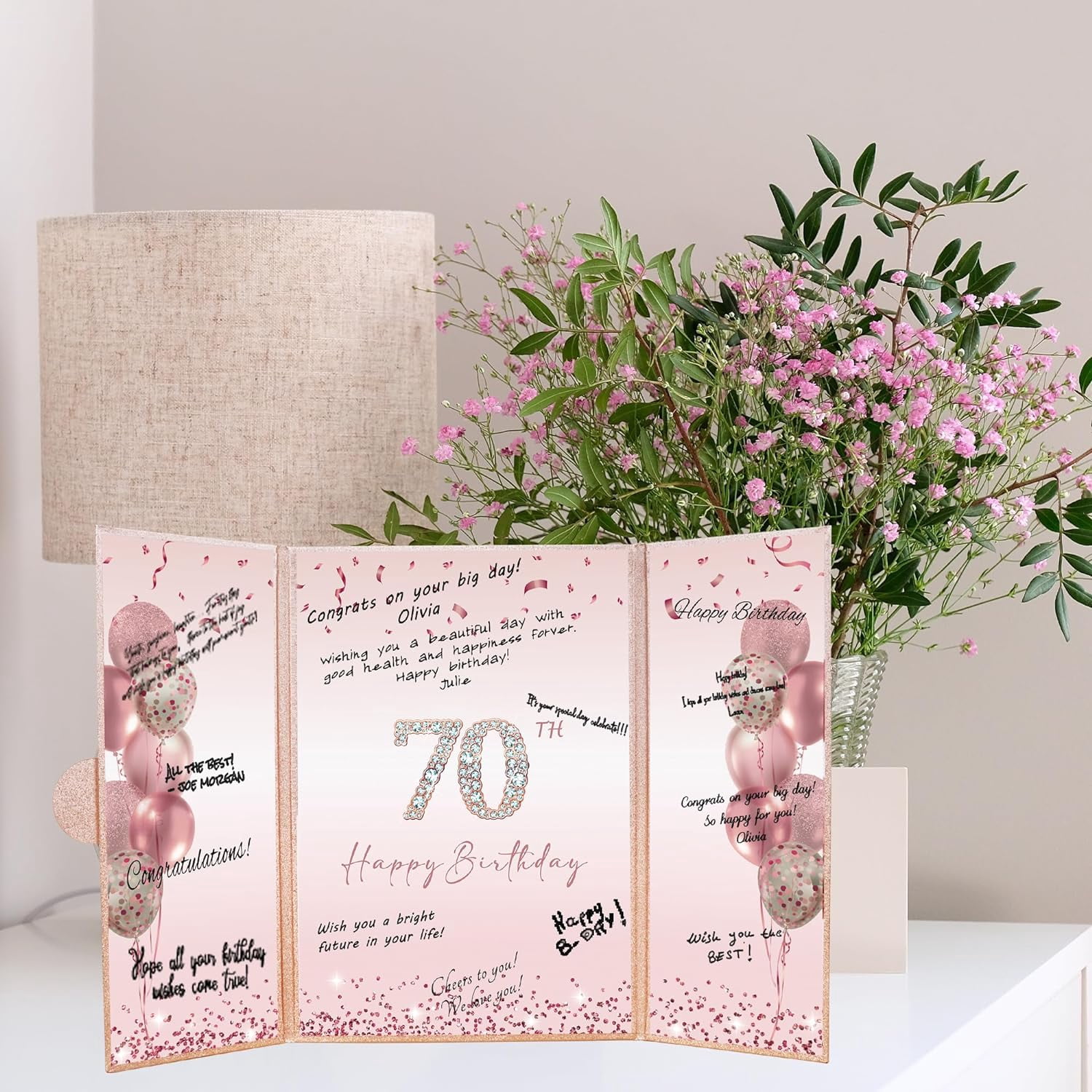 Rose Gold 70th Birthday Party Decorations, Happy 70th Birthday Alternative Signature Guest Book for Women Pink Cheers to 70 Years Old Gifts 70 Birthday Signing Card Board Party Supplies