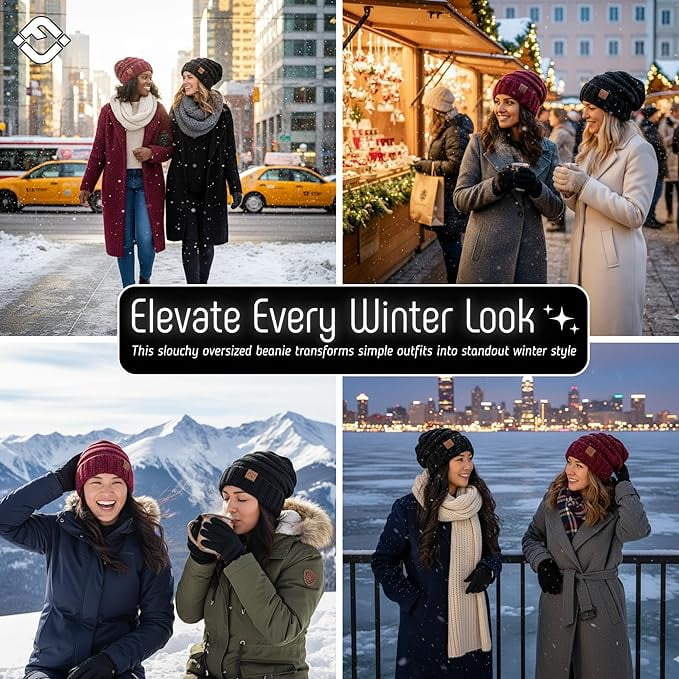 Funky Junque Slouchy Beanie for Women – Warm Winter Hat, Soft Chunky Cable Knit Oversized Slouch Beanies for Cold Weather, Cozy Stylish Fashion Hats - 2 Pack - Black & Confetti Burgundy