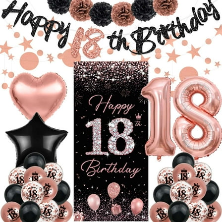 18th birthday decorations for s, rose gold happy 18th birthday banner backdrop, balloons pompoms star streamers, pink and black party supplies