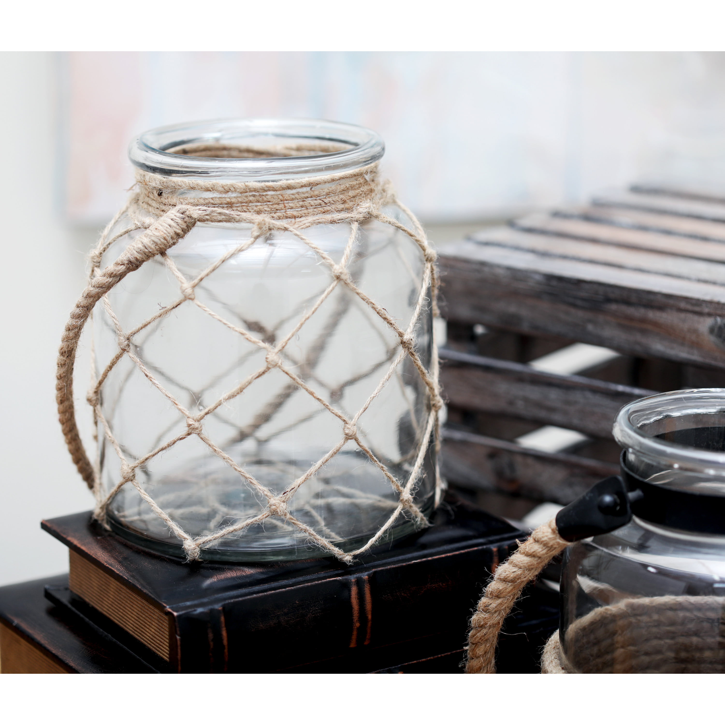 Glass Jar Hanging on a rope Nautical Bathroom Tea Light Candle Holder Fish Shell 