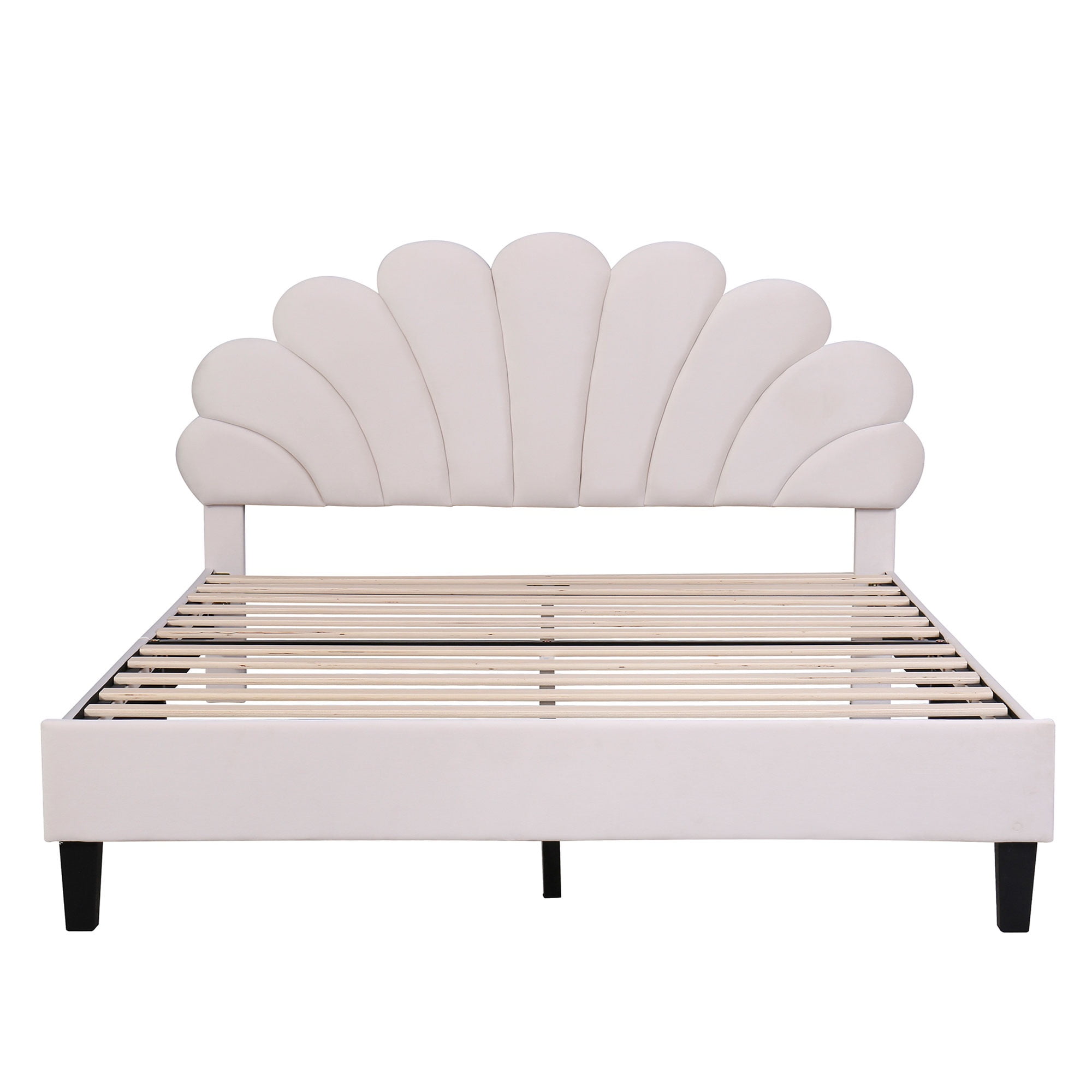 Gewnee Queen Size Upholstered Velvet Platform Bed Frame with Flower Pattern Headboard, Beige