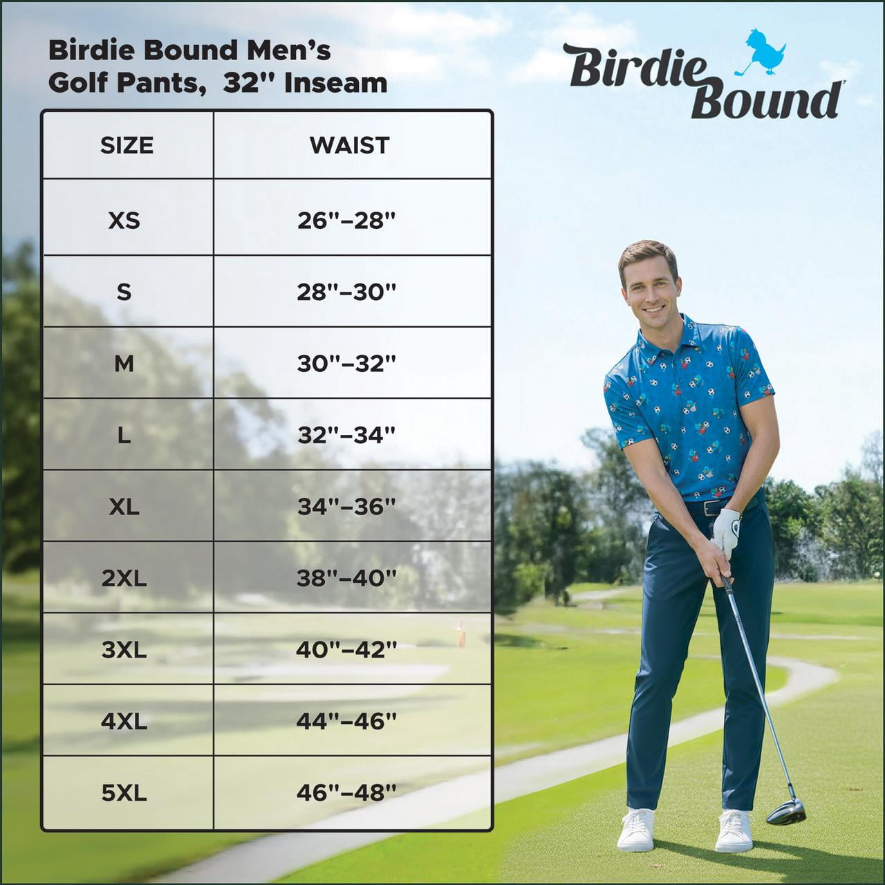 Birdie Bound Men's Golf Pants, 32" Inseam, Sizes XS-5XL