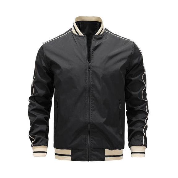 hopeusnice Men's Stand Collar Bomber Jacket Baseball Stripe Trim Windproof Lightweight Zipper Pockets Coats Black L