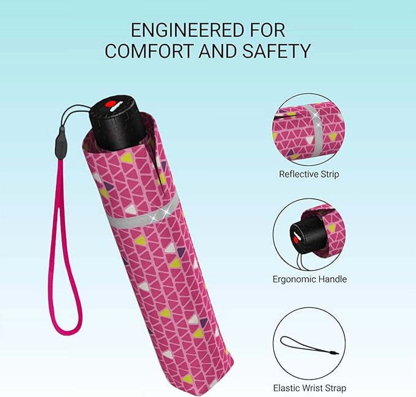 Knirps Triple Pink Rookie Manual Rain Umbrella for Elementary and Middle School Kids – 35.4" Canopy with Reflective Safety Stripe, Lightweight Design, Wind Tunnel Tested, Carrying Case Included