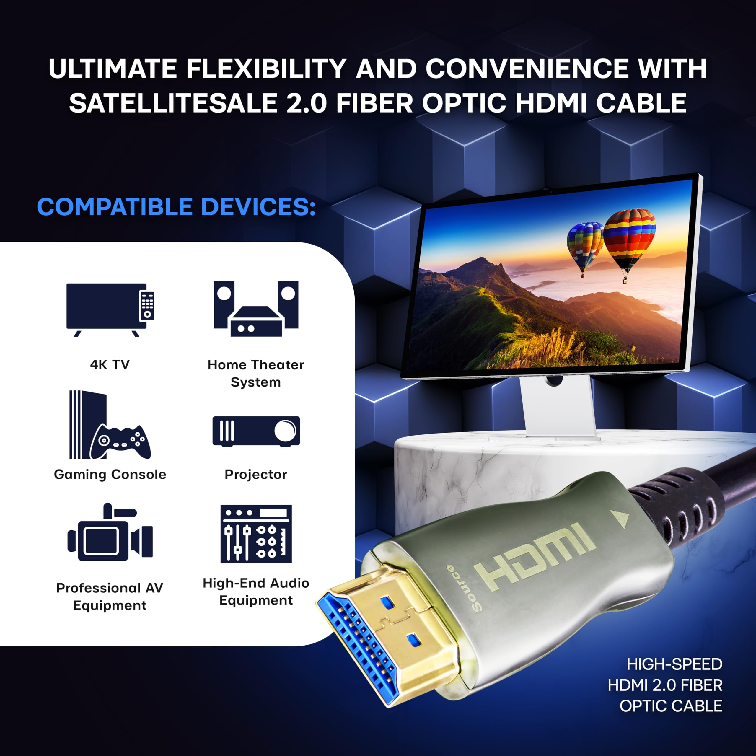 SatelliteSale Digital High-Speed HDMI 2.0 Fiber Optic Cable 4K/60Hz 18Gbps Black 2160p Universal Wire PVC Cord for TVs, Gaming Consoles 100 feet