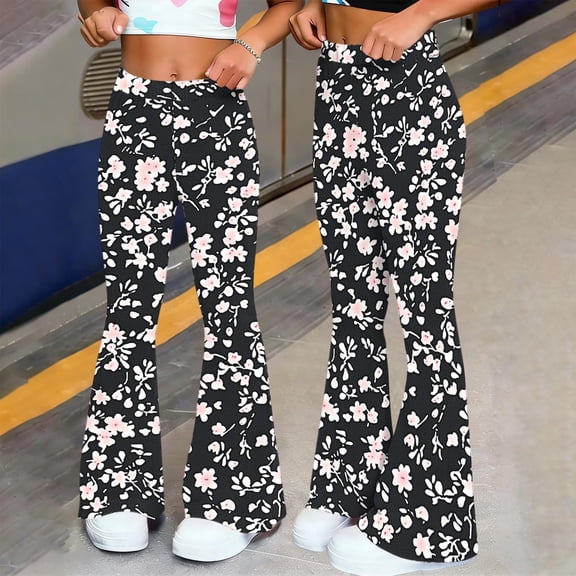 Xdegoge Floral Print Flared Leggings for Women High Waist Stretchy Bell Bottom Pants Casual Boho Wide Leg Trousers for Yoga Lounge Everyday Wear Comfy Bottoms