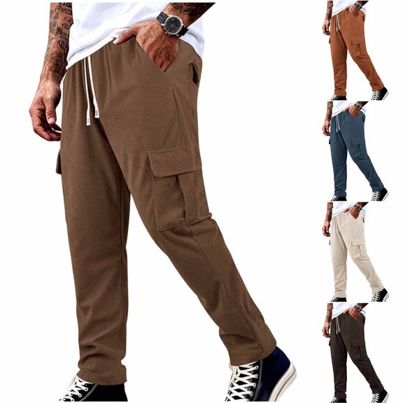 YABCSAZ Mens Corduroy Cargo Pants Straight Leg Multi Pocket Joggers Elastic Waist Drawstring Casual Work Trousers Loose Fit Cotton Blend Outdoor Streetwear Pants with Pockets