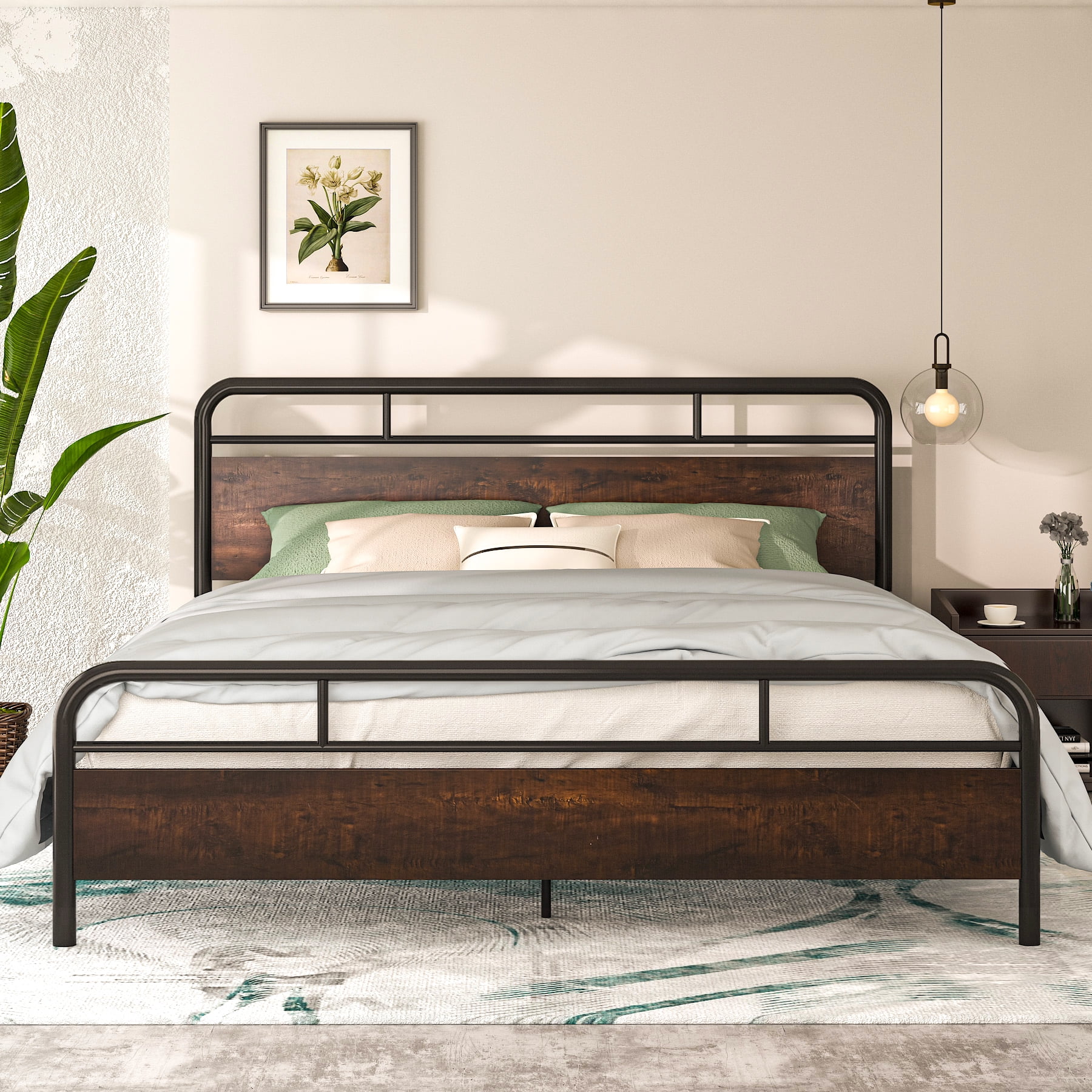 Allewie Sanders King Size Bed with Wooden Headboard, Vintage Metal Platform Bed