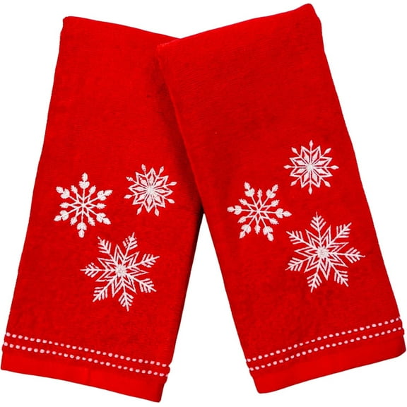 Serafina Home Luxury Holiday Christmas Hand Towel Set, Embroidered Snowflakes, 100% Velour Terry Cotton, Red, Set of 2