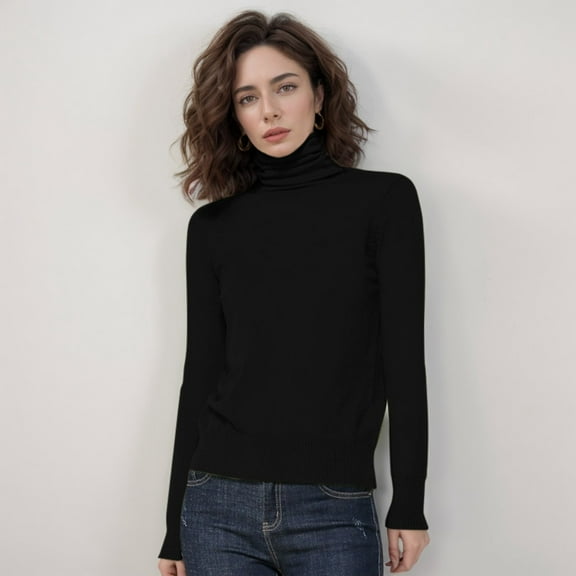 Womens Turtleneck Long Sleeve Sweater Tops Soft Knit Basic Pullover (Black XL)