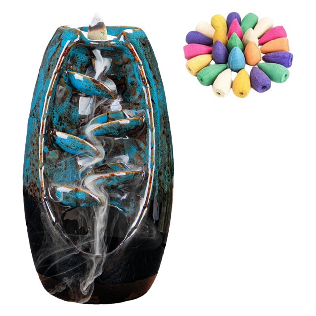 Quemador de de reflujo, soporte de de humo de cascada de cerámica con 50 conos de para aromaterapia, meditación, decoración Azul 2 Sunnimix Incensario de incienso de reflujo