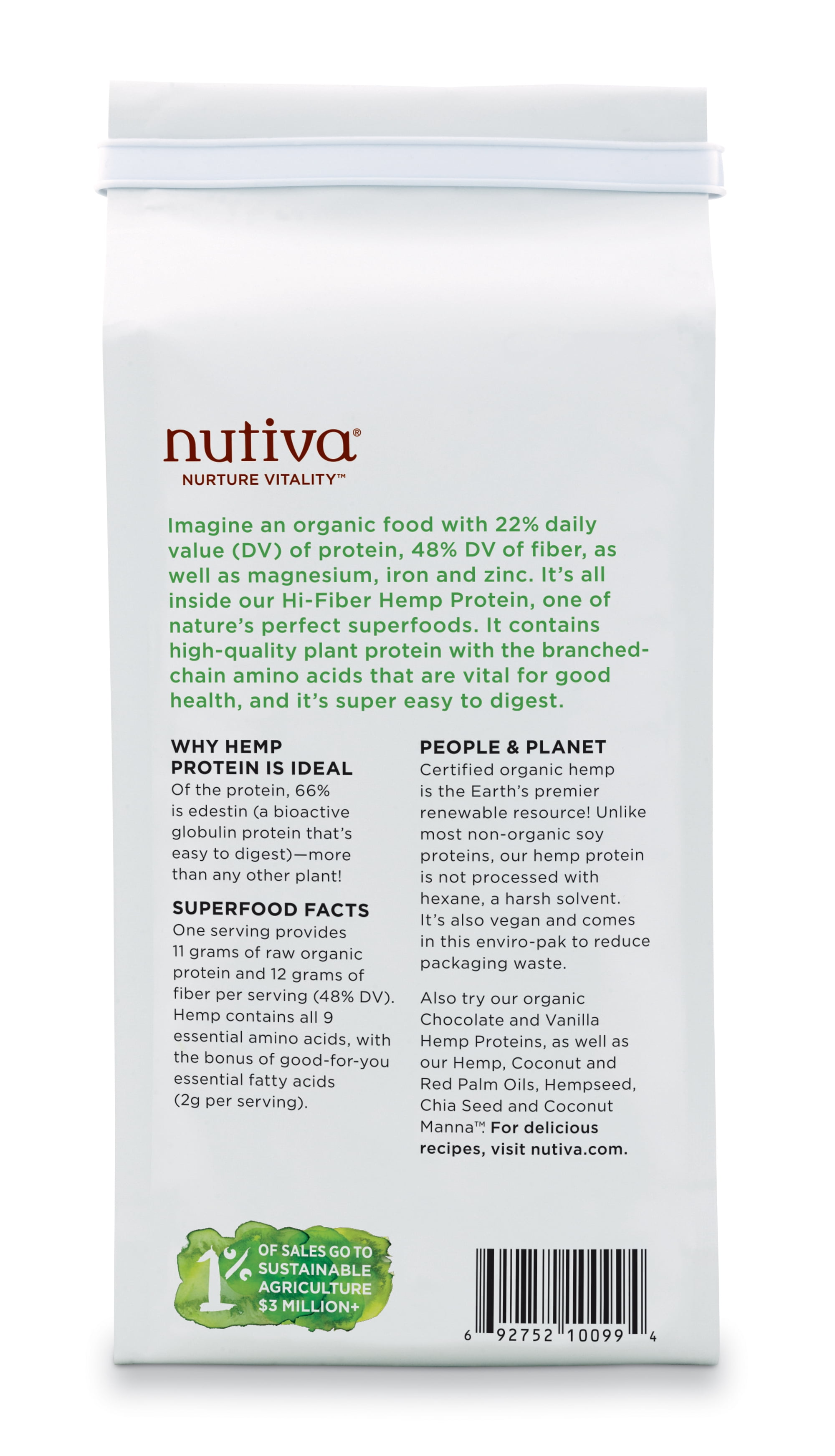 Nutiva USDA Organic Cold-Pressed Raw Hemp Seed Plant Protein with Hi-Fiber and Essential Amino Acids Powder, Non-GMO, Whole 30 Approved, Vegan, Gluten-Free & Keto, 30 oz.