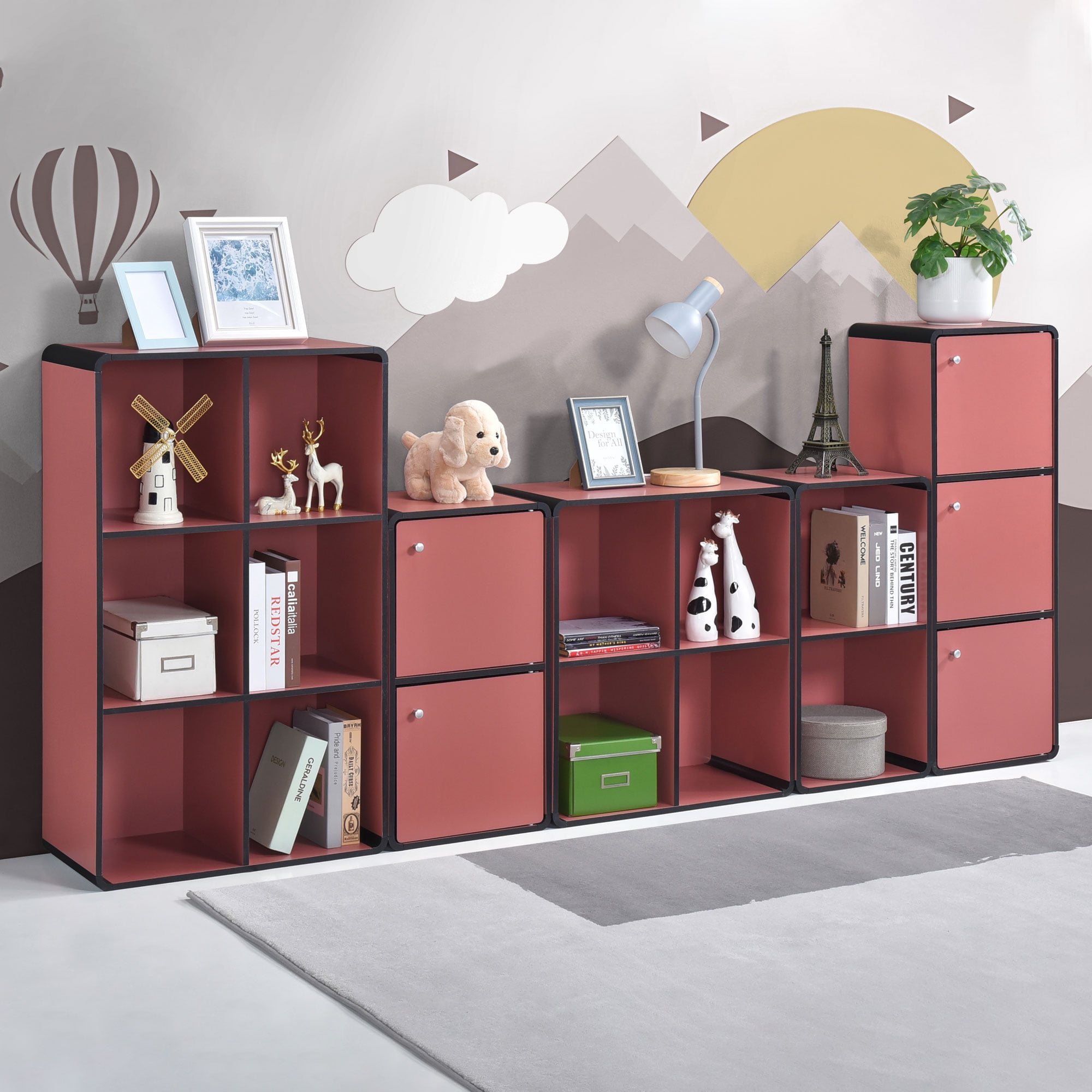 Kings Brand Furniture Dothan Wood 2-Cubed Closed Bookcase - Storage Shelf Organizer Bookshelf, Red