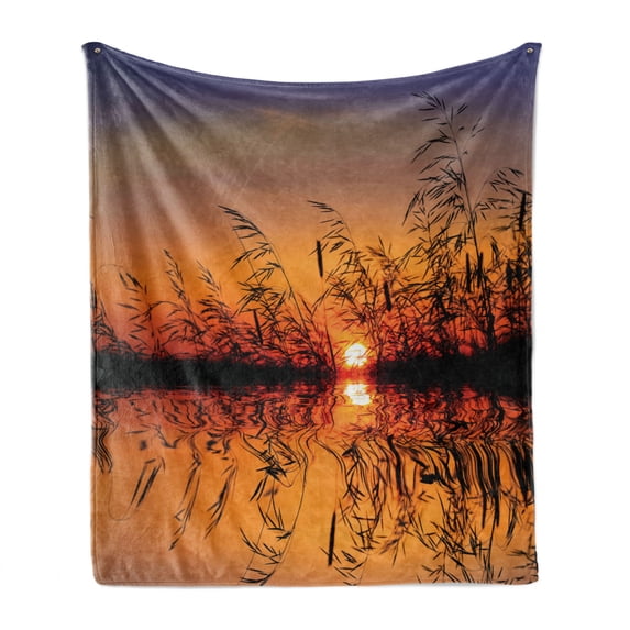 Nature Soft Flannel Fleece Blanket, Lake Sunset with Long Reeds Romantic Botanical Ombre Like Scenery Photo Image Print, Cozy Plush for Indoor and Outdoor Use, 50" x 60", Multicolor, by Ambesonne