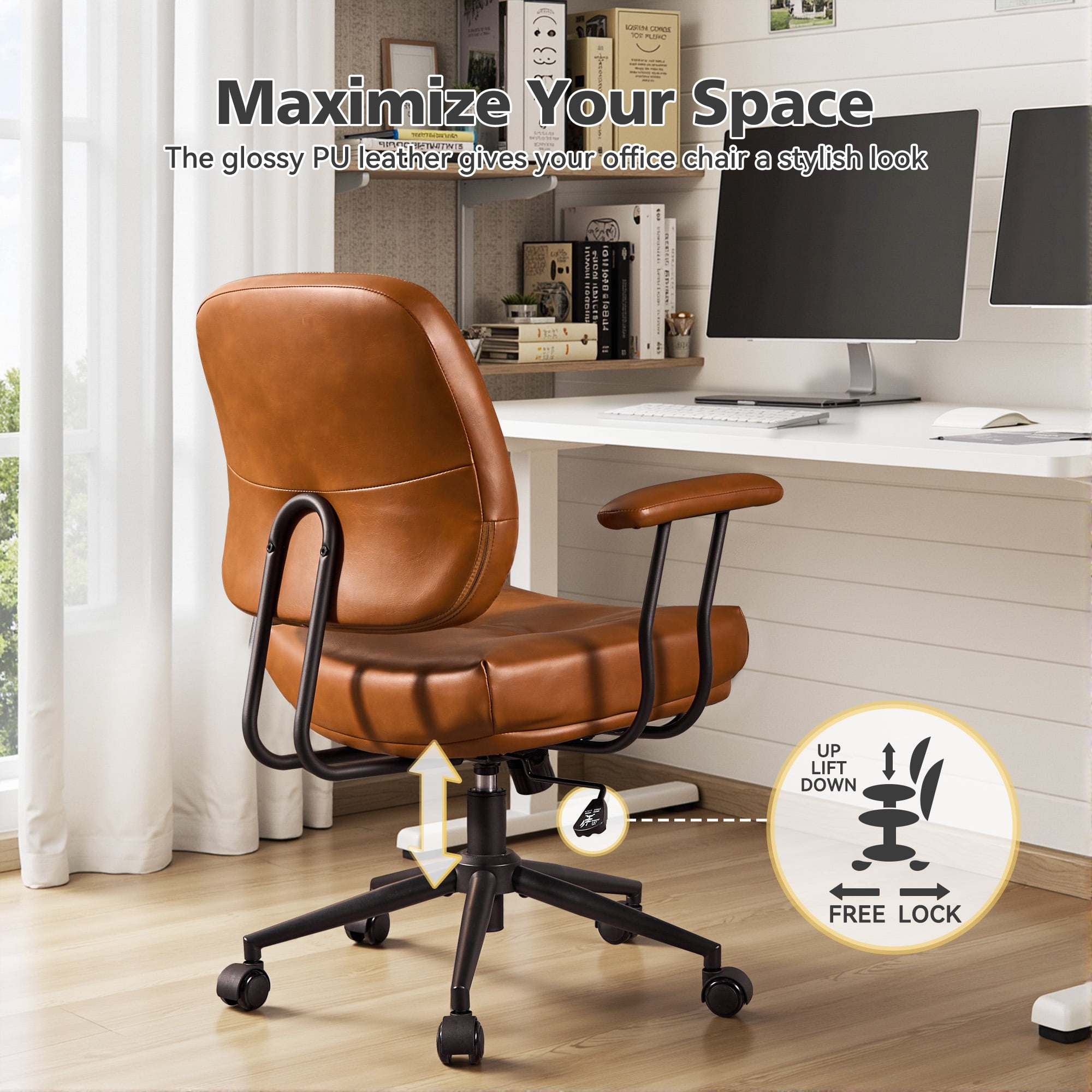 Toject Office Chair, Executive Desk Chair with Lumbar Support, Comfy Office Chair Adjustable Height Rolling Swivel Chair, Computer Chair Task Chair for Office Area, PU Leather, Brown