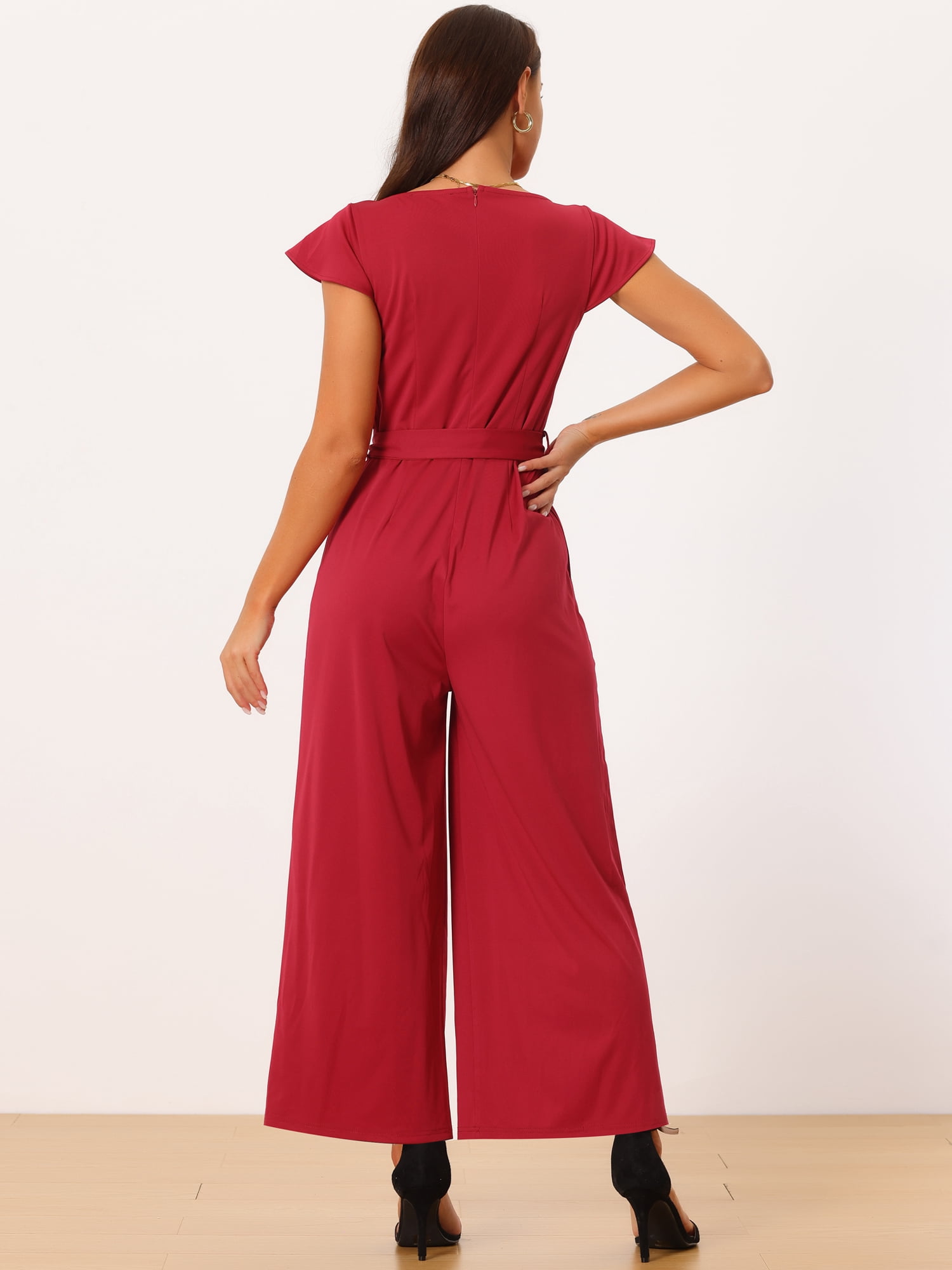 DARING DIVA Women's Ruffle Cap Sleeve High Waisted Wide Leg Jumpsuit M Wine Red