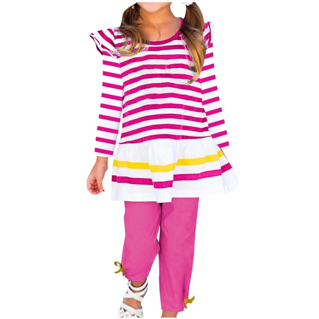 Besolor Ensembles Décontractés d'Automne pour Bébés Filles, Manches Longues à Volants, Col Rond, T-Shirts Rayés et Pantalons Longs