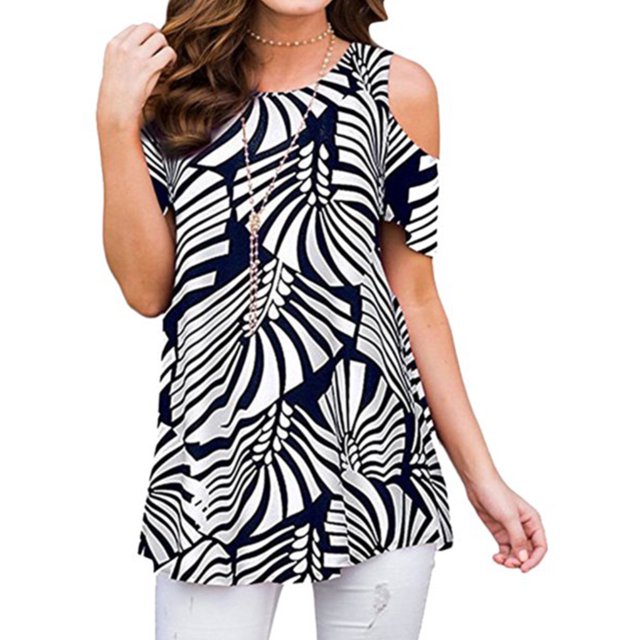 Qarigey Top con cuello y estampado de camiseta con hombros descubiertos para mujer Prendas para la parte del cuerpo cebra SG Qarigey AP001532-04