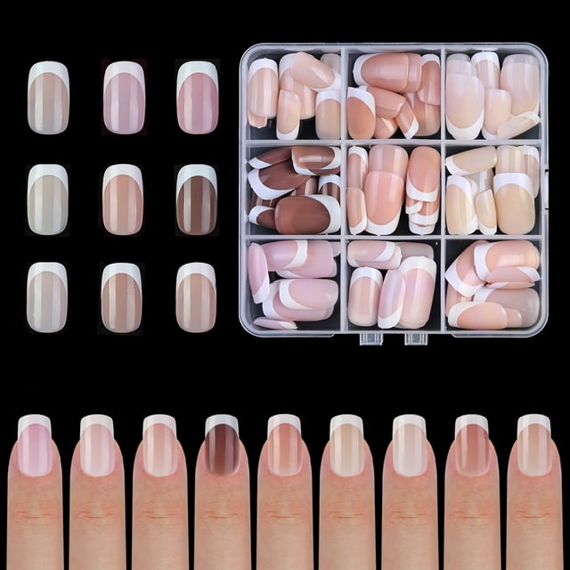 9 Colors French Gel Nail Tips Pre-applied Base Coat & Tip Primer Pre-made French Nails Soft Gel Tips 15 Sizes Fake Nails False Nail Tips for Nail Art DIY