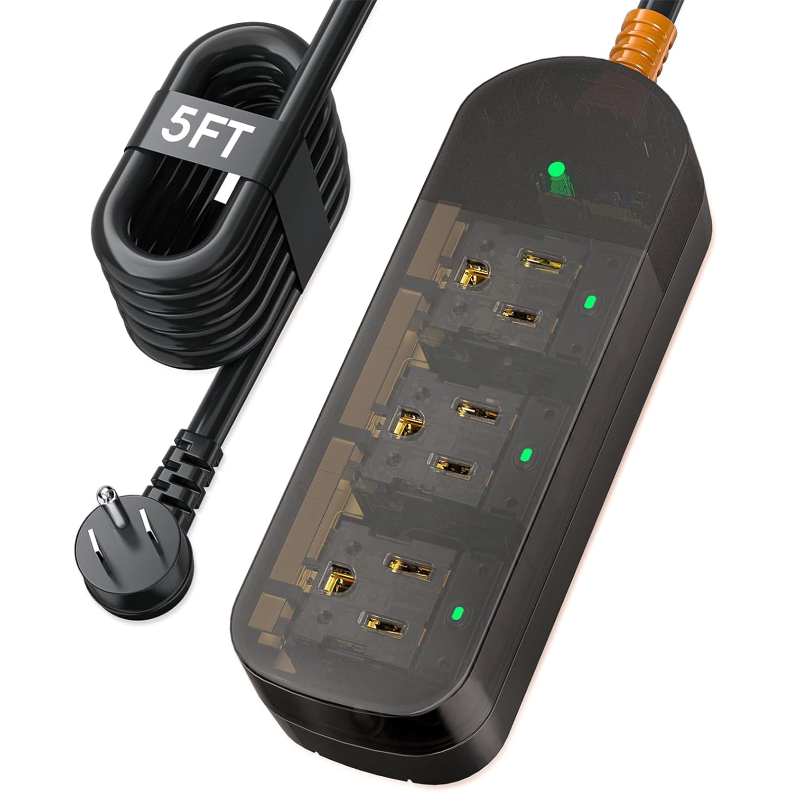 Waterproof Power Strip, 5 Pack Transparent Surge Protector with 3 Wide Outlets, 1875W/15A, 5FT Flat Plug Outdoor Extension Cord, IPX6 Rated for Indoor/Outdoor Use, UL & FCC Listed