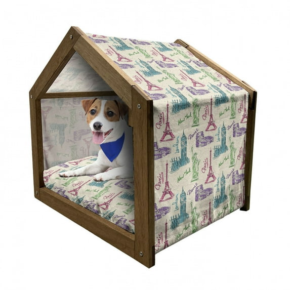 City Pet House, Big Ben Eiffel Tower of Liberty Colosseum Doodle Sketch Tourist Attractions, Outdoor & Indoor Portable Dog Kennel with Pillow and Cover, 5 Sizes, Multicolor, by Ambesonne