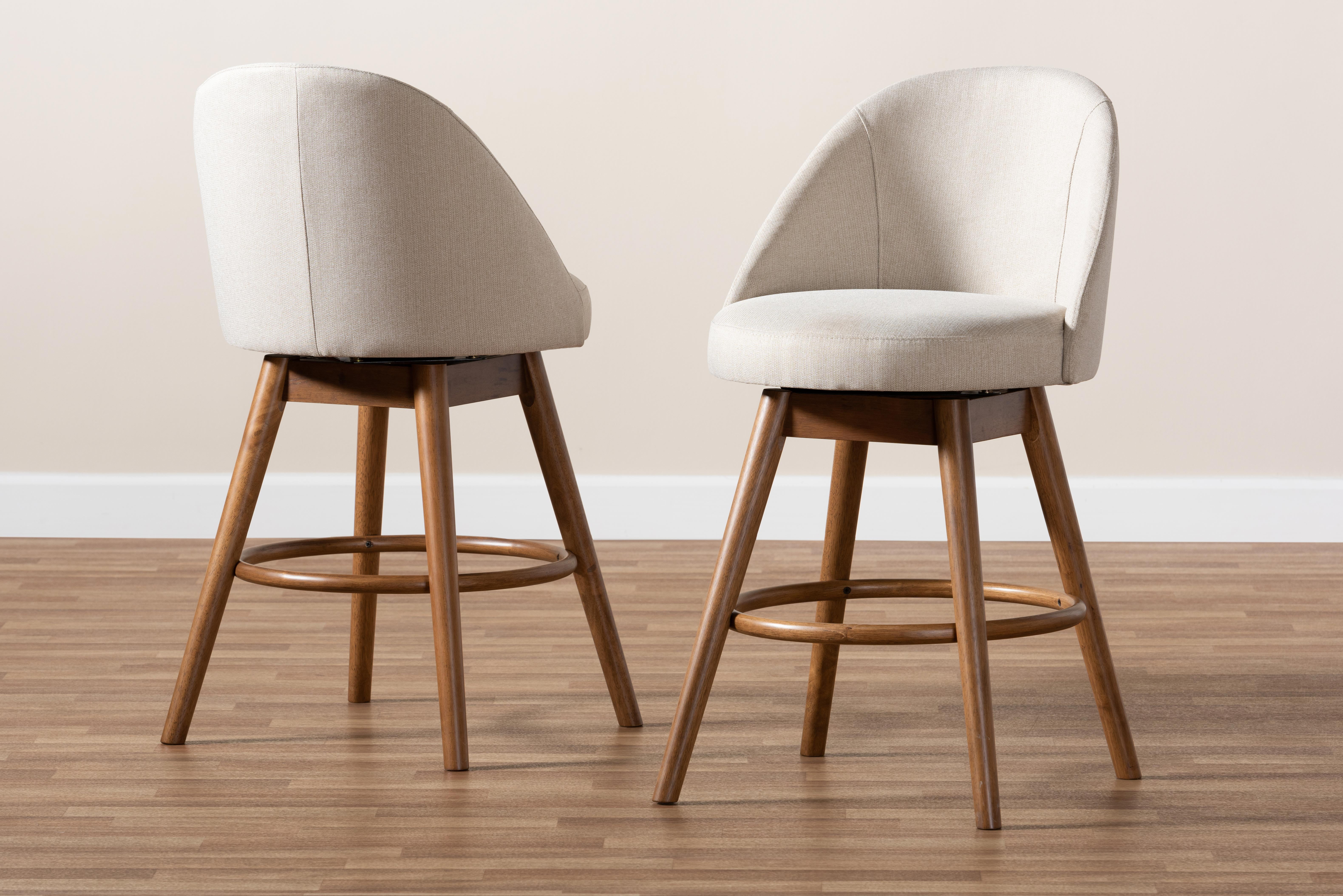 Set of 2 Baxton Studio Carra Mid-Century Modern Light Beige Fabric Upholstered Walnut-Finished Wood Swivel Counter Stool Set