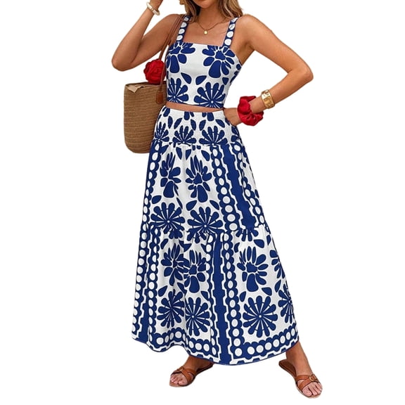 Jaimenalin Women'S 2 Piece Skirt Sets Print Top High Waist Maxi Skirt Womens Fashion Vacation Outfits S