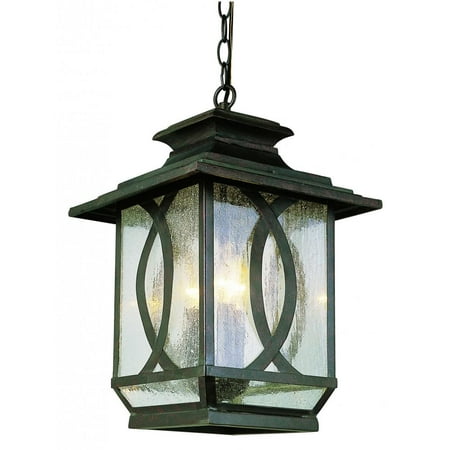 Three Light Burnished Rust Clear Seeded Glass Hanging Lantern